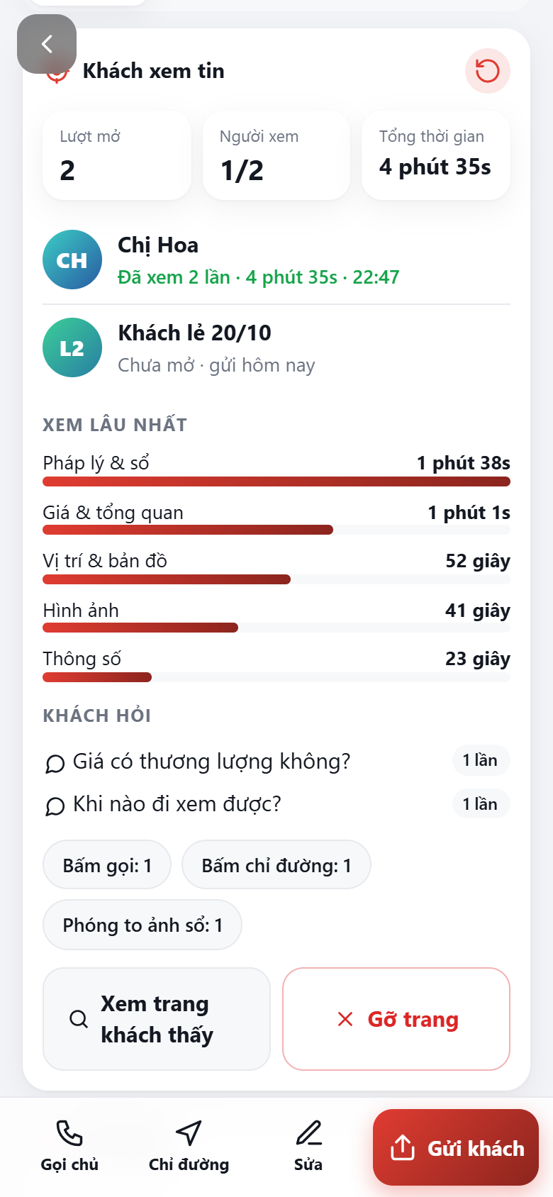 Màn hình báo khách đã xem tin