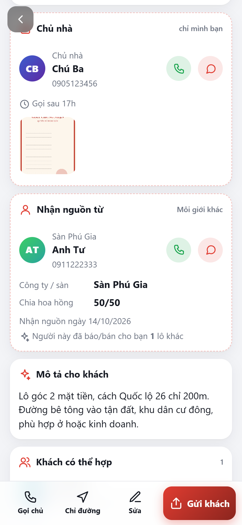 Màn hình thông tin chủ đất và nguồn